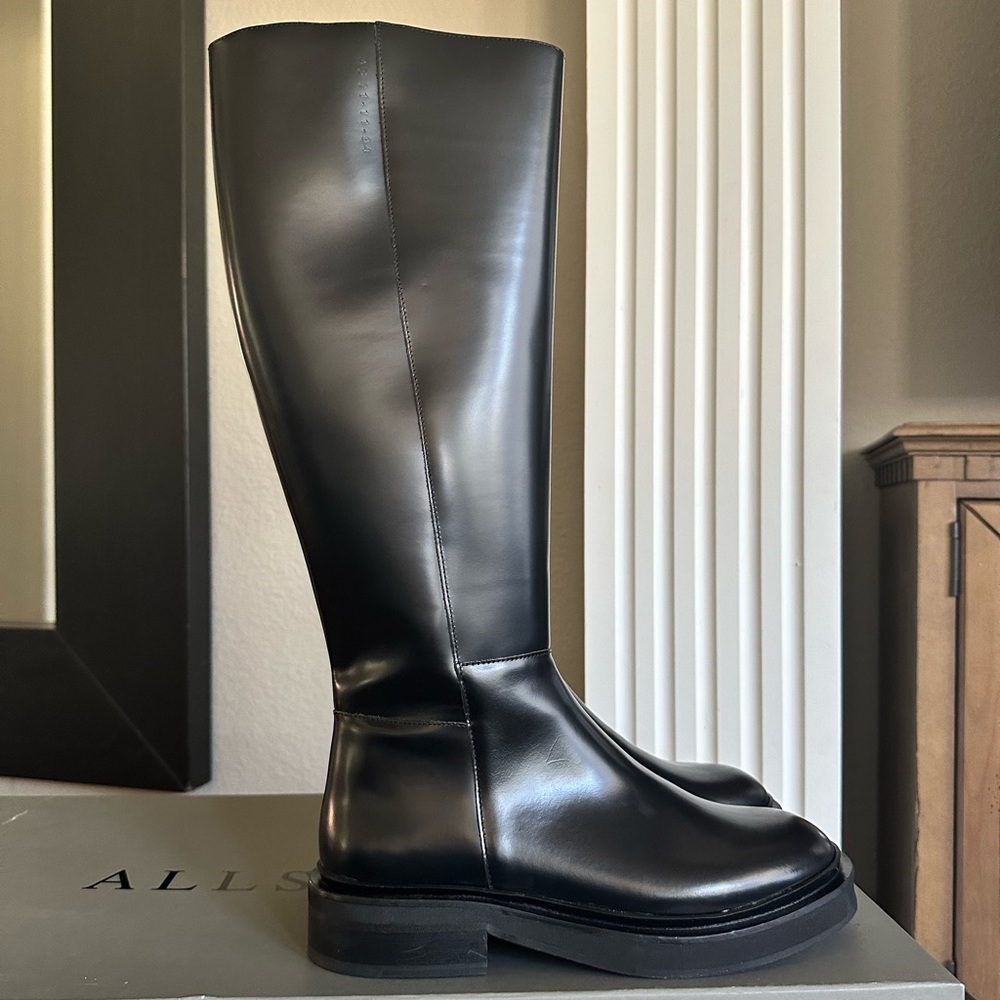 BRAND NEW WITH BOX Allsaints Milo black leather knee high boots size 9-9.5 US